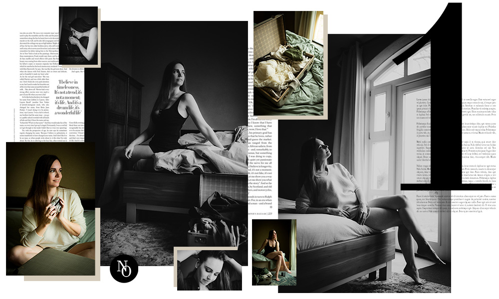 Originele magazinecollage met boudoirportretten en redactionele details.
